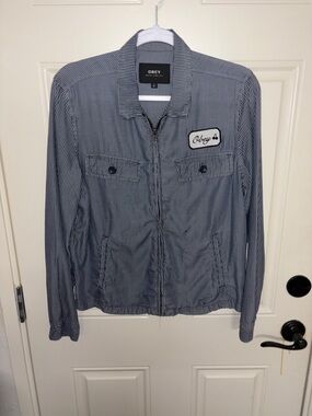 Obey Blue & White Pinstripe Utility Jacket with Patch